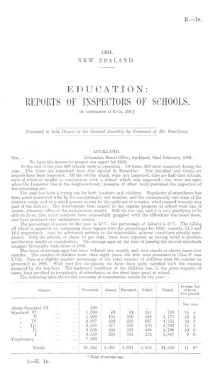 EDUCATION: REPORTS OF INSPECTORS OF SCHOOLS. [In continuation of E.-1b, 1893.]
