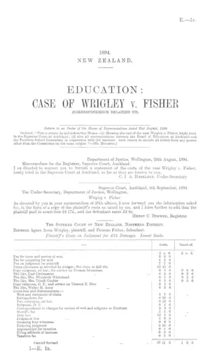 EDUCAT0ION: CASE OF WRIGLEY v. FISHER (CORRESPONDENCE RELATING TO).