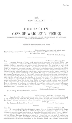 EDUCATION: CASE OF WRIGLEY V. FISHER (CORRESPONDENCE BETWEEN THE TE RAHU SCHOOL COMMITTEE AND THE AUCKLAND EDUCATION BOARD RELATING TO).