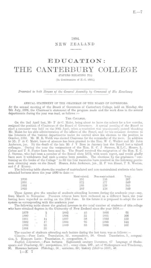 EDUCATION: THE CANTERBURY COLLEGE (PAPERS RELATING TO.) [In Continuation of E.-7, 1893.]