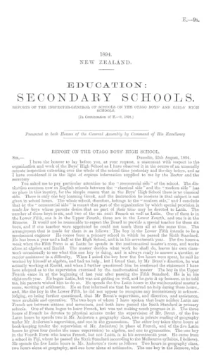 EDUCATION: SECONDARY SCHOOLS. REPORTS OF THE INSPECTOR-GENERAL OF SCHOOLS ON THE OTAGO BOYS' AND GIRLS' HIGH SCHOOLS. [In Continuation of E.—9, 1894.]