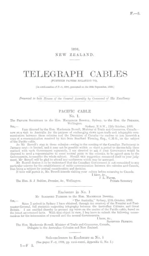 TELEGRAPH CABLES (FURTHER PAPERS RELATING TO). [In continuation of F.-5, 1893, presented on the 20th September, 1893.]