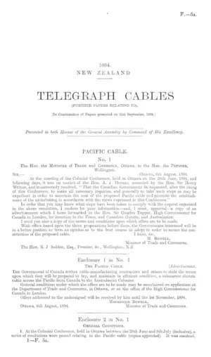 TELEGRAPH CABLES (FURTHER PAPERS RELATING TO). [In Continuation of Papers presented on 21st September, 1894.]
