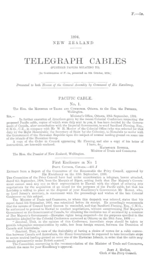 TELEGRAPH CABLES (FURTHER PAPERS RELATING TO). [In Continuation of F.-5a, presented on 8th October, 1894.]