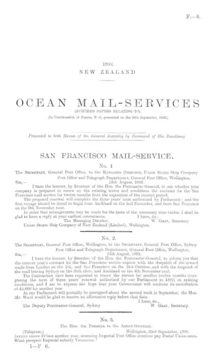 OCEAN MAIL-SERVICES (FURTHER PAPERS RELATING TO). [In Continuation of Papers, F.-6, presented on the 20th September, 1893.]