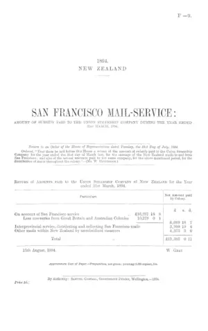 SAN FRANCISCO MAIL-SERVICE: AMOUNT OF SUBSIDY PAID TO THE UNION STEAMSHIP COMPANY DURING THE YEAR ENDED 31st MARCH, 1894.