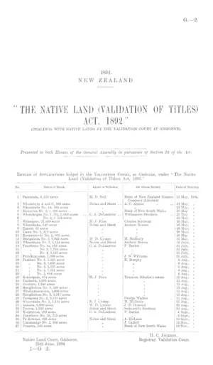 "THE NATIVE LAND (VALIDATION OF TITLES) ACT, 1892" (DEALINGS WITH NATIVE LANDS BY THE VALIDATION COURT AT GISBORNE).