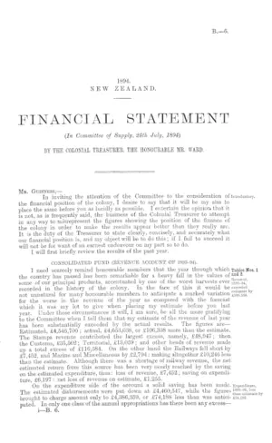 FINANCIAL STATEMENT (In Committee of Supply, 24th July, 1894) BY THE COLONIAL TREASURER, THE HONOURABLE MR. WARD.