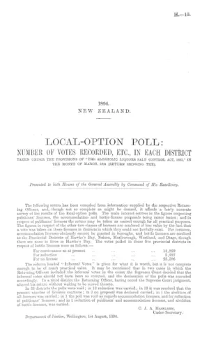 LOCAL-OPTION POLL: NUMBER OF VOTES RECORDED, ETC., IN EACH DISTRICT TAKEN UNDER THE PROVISIONS OF "THE ALCOHOLIC LIQUORS SALE CONTROL ACT, 1893," IN THE MONTH OF MARCH, 1894 (RETURN SHOWING THE).