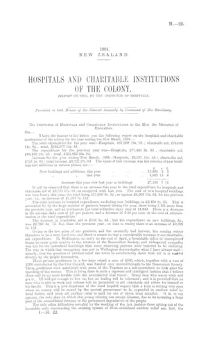 HOSPITALS AND CHARITABLE INSTITUTIONS OF THE COLONY. (REPORT ON THE), BY THE INSPECTOR OF HOSPITALS.