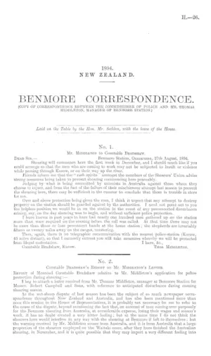 BENMORE CORRESPONDENCE. (COPY OF CORRESPONDENCE BETWEEN THE COMMISSIONER OF POLICE AND MR. THOMAS MIDDLETON, MANAGER OF BENMORE STATION.)