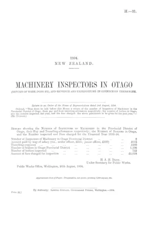 MACHINERY INSPECTORS IN OTAGO (RETURN OF WORK DONE BY), AND REVENUE AND EXPENDITURE IN CONNECTION THEREWITH.