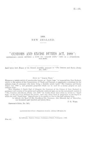 "CUSTOMS AND EXCISE DUTIES ACT, 1888": GOVERNOR'S ORDER LEVYING A DUTY ON "LIQUID HOPS," USED AS A SUBSTITUTE FOR HOPS.