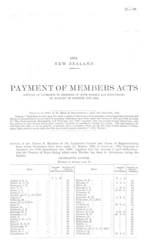 PAYMENT OF MEMBERS ACTS (RETURN OF PAYMENTS TO MEMBERS OF BOTH HOUSES AND DEDUCTIONS ON ACCOUNT OF ABSENCE, FOR 1893).