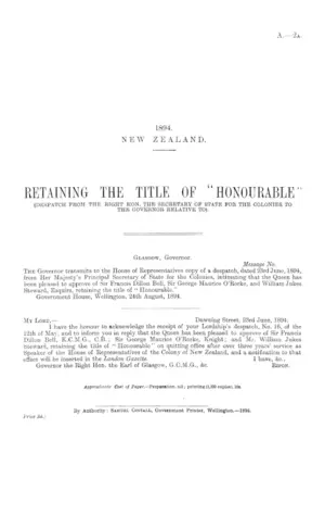 RETAINING THE TITLE OF "HONOURABLE" (DESPATCH FROM THE RIGHT HON. THE SECRETARY OF STATE FOR THE COLONIES TO THE GOVERNOR RELATIVE TO).