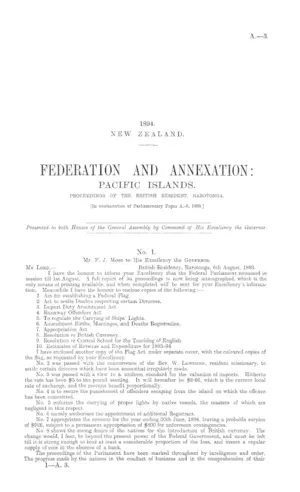 FEDERATION AND ANNEXATION: PACIFIC ISLANDS. PROCEEDINGS OF THE BRITISH RESIDENT, RAROTONGA. [In continuation of Parliamentary Paper A.-6, 1893.]