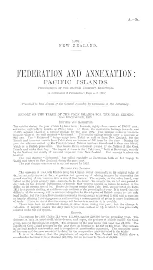 FEDERATION AND ANNEXATION: PACIFIC ISLANDS. PROCEEDINGS OF THE BRITISH RESIDENT, RAROTONGA. [In continuation of Parliamentary Paper A.-3, 1894.]
