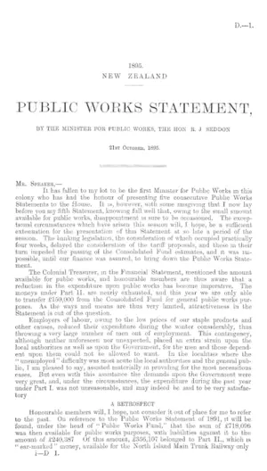 PUBLIC WORKS STATEMENT, BY THE MINISTER FOR PUBLIC WORKS, THE HON R.J. SEDDON 21st October, 1895.