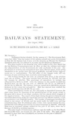 RAILWAYS STATEMENT. (2nd August, 1895.) BY THE MINISTER FOR RAILWAYS, THE HON A.J. CADMAN