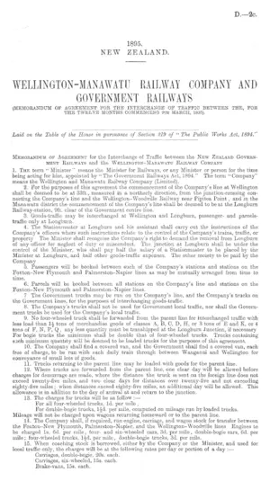 WELLINGTON-MANAWATU RAILWAY COMPANY AND GOVERNMENT RAILWAYS (MEMORANDUM OF AGREEMENT FOR THE INTERCHANGE OF TRAFFIC BETWEEN THE, FOR THE TWELVE MONTHS COMMENCING 9th MARCH, 1895).