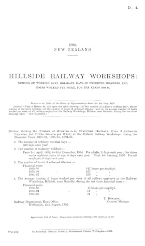 HILLSIDE RAILWAY WORKSHOPS: NUMBER OF WORKING DAYS, HOLIDAYS, DAYS OF ENFORCED IDLENESS, AND HOURS WORKED PER WEEK, FOR THE YEARS 1892-95.