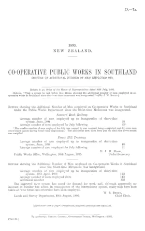 CO-OPERATIVE PUBLIC WORKS IN SOUTHLAND (RETURN OF ADDITIONAL NUMBER OF MEN EMPLOYED ON).