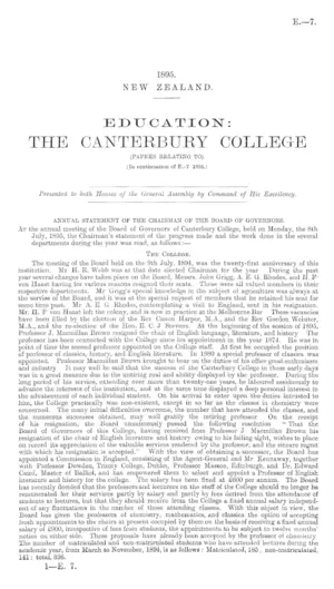 EDUCATION: THE CANTERBURY COLLEGE (PAPERS RELATING TO). [In continuation of E.-7 1894.]