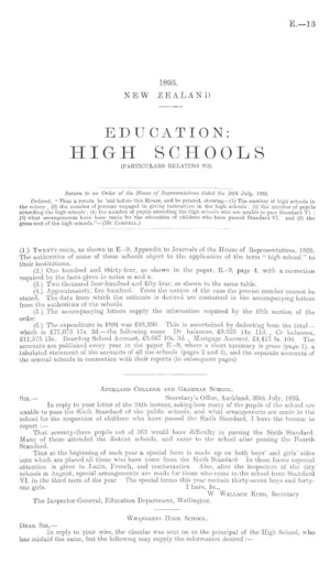 EDUCATION: HIGH SCHOOLS (PARTICULARS RELATING TO).
