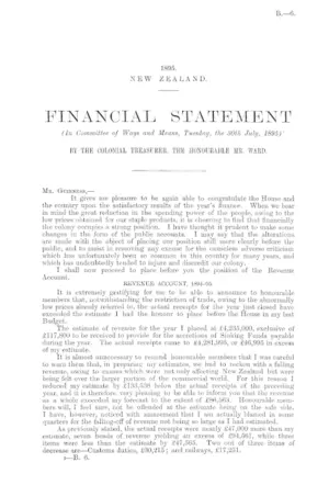 FINANCIAL STATEMENT (In Committee of Ways and Means, Tuesday, the 30th July, 1895) BY THE COLONIAL TREASURER, THE HONOURABLE MR. WARD.