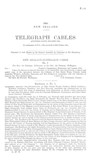 TELEGRAPH CABLES (FURTHER PAPERS RELATING TO). [In continuation of F-5b., 1894, presented on 20th October, 1894.]