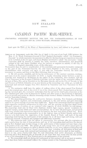 CANADIAN PACIFIC MAIL-SERVICE. (PROVISIONAL AGREEMENT BETWEEN THE HON. THE POSTMASTER-GENERAL OF NEW ZEALAND AND Mr. JAMES HUDDART, STEAMSHIP OWNER.)