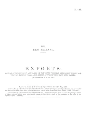 EXPORTS: RETURN OF THE QUANTITY AND VALUE OF THE SEVEN PRINCIPAL ARTICLES OF EXPORT FOR THE PAST TWENTY YEARS; ALSO, PRICES AT WHICH THEY HAVE BEEN VALUED. [In Continuation of H.-12, 1894.]