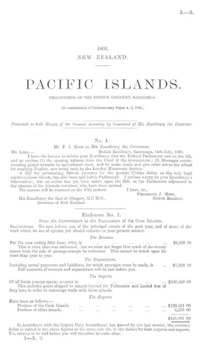 PACIFIC ISLANDS. PROCEEDINGS OF THE BRITISH RESIDENT, RAROTONGA. [In continuation of Parliamentary Paper A.-3, 1894.]