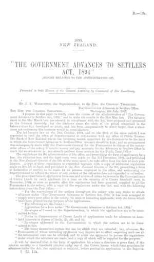 "THE GOVERNMENT ADVANCES TO SETTLERS ACT, 1894" (REPORT RELATING TO THE ADMINISTRETION OF).