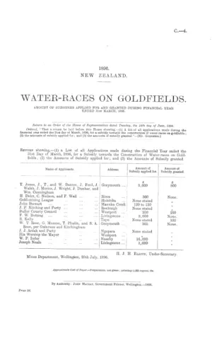 WATER-RACES ON GOLDFIELDS. AMOUNT OF SUBSIDIES APPLIED FOR AND GRANTED DURING FINANCIAL YEAR ENDED 31st MARCH, 1896.