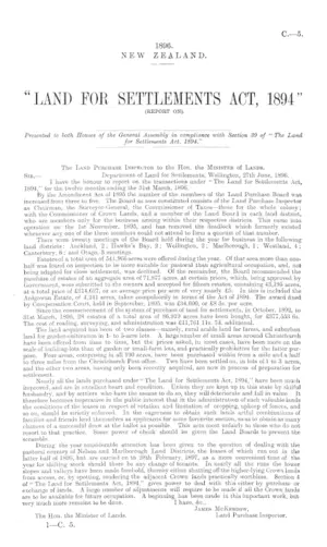 "LAND FOR SETTLEMENTS ACT, 1894" (REPORT ON).