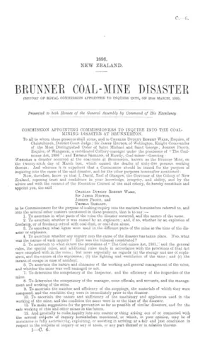 BRUNNER COAL-MINE DISASTER (REPORT OF ROYAL COMMISSION APPOINTED TO INQUIRE INTO, ON 26th MARCH, 1896).