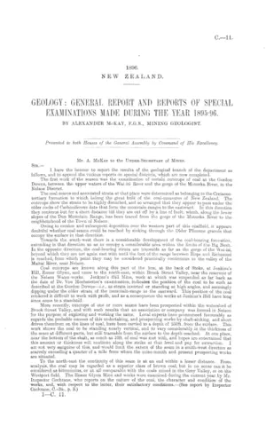 GEOLOGY: GENERAL REPORT AND REPORTS OF SPECIAL EXAMINATIONS MADE DURING THE YEAR 1895-96. BY ALEXANDER McKAY, F.G.S., MINING GEOLOGIST.