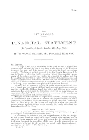 FINANCIAL STATEMENT (In Committee of Supply, Tuesday, 14th July, 1896). BY THE COLONIAL TREASURER, THE HONOURABLE MR. SEDDON.