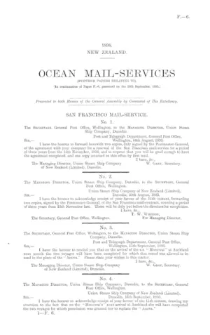 OCEAN MAIL-SERVICES (FURTHER PAPERS RELATING TO). [In continuation of Paper F.-6, presented on the 30th September, 1895.]