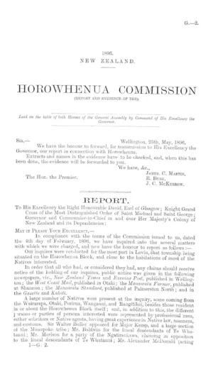 HOROWHENUA COMMISSION (REPORT AND EVIDENCE OF THE).