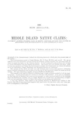 MIDDLE ISLAND NATIVE CLAIMS: STATEMENT SHOWING PROGRESS MADE IN MAKING PROVISION OF LAND FOR NATIVES IN ACCORDANCE WITH RECOMMENDATION OF JOINT COMMITTEE IN 1889-90.
