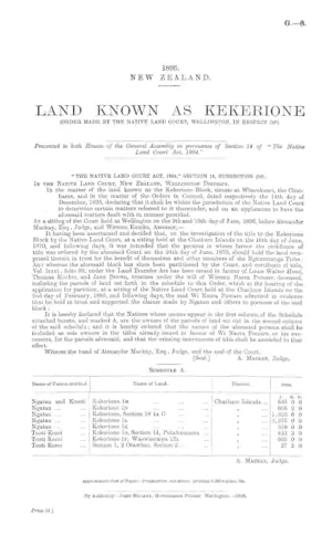 LAND KNOWN AS KEKERIONE (ORDER MADE BY THE NATIVE LAND COURT, WELLINGTON, IN RESPECT OF).