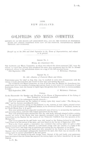 GOLDFIELDS AND MINES COMMITTEE REPORTS OF, ON THE MINING ACT AMENDMENT BILL, AND ON THE PETITION OF FREDERICK MOORE AND OTHERS, TOGETHER WITH COPY OF THE PETITION, DEPARTMENTAL REPORT THEREON, AND EVIDENCE.