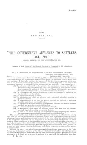 "THE GOVERNMENT ADVANCES TO SETTLERS ACT, 1894 " (REPORT RELATING TO THE ADMINISTRAT ON OF).
