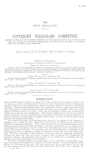 COPYRIGHT TELEGRAMS COMMITTEE (REPORT OF THE, ON THE PRESENT WORKINGS OF THE ELECTRIC LINES ACT, SO FAR AS THE SAID ACT REFERS TO COPYRIGHT TELEGRAMS, TOGETHER WITH MINUTES OF PROCEEDINGS AND EVIDENCE, AND APPENDIX).