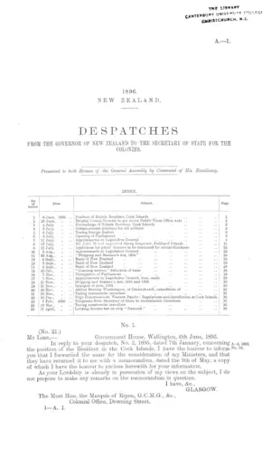 DESPATCHES FROM THE GOVERNOR OF NEW ZEALAND TO THE SECRETARY OF STATE FOR THE COLONIES.