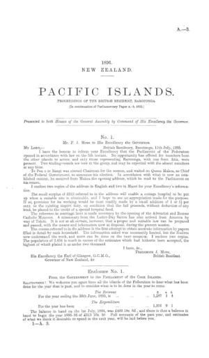 PACIFIC ISLANDS. PROCEEDINGS OF THE BRITISH RESIDENT, RAROTONGA. [In continuation of Parliamentary Paper A.-3, 1895.]
