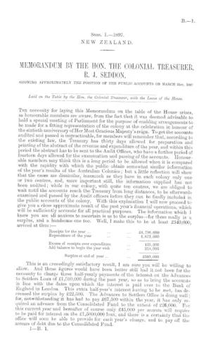 MEMORANDUM BY THE HON. THE COLONIAL TREASURER, R. J. SEDDON, SHOWING APPROXIMATELY THE POSITION OF THE PUBLIC ACCOUNTS ON MARCH 31st, 1897