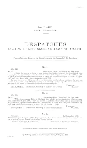 DESPATCHES RELATING TO LORD GLASGOW'S LEAVE OF ABSENCE.